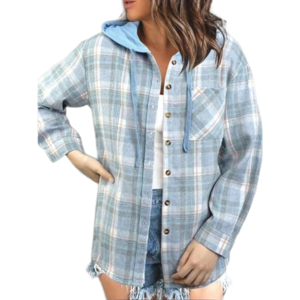 Ladies Blue Plaid Hooded Shirt Jacket sz Xl